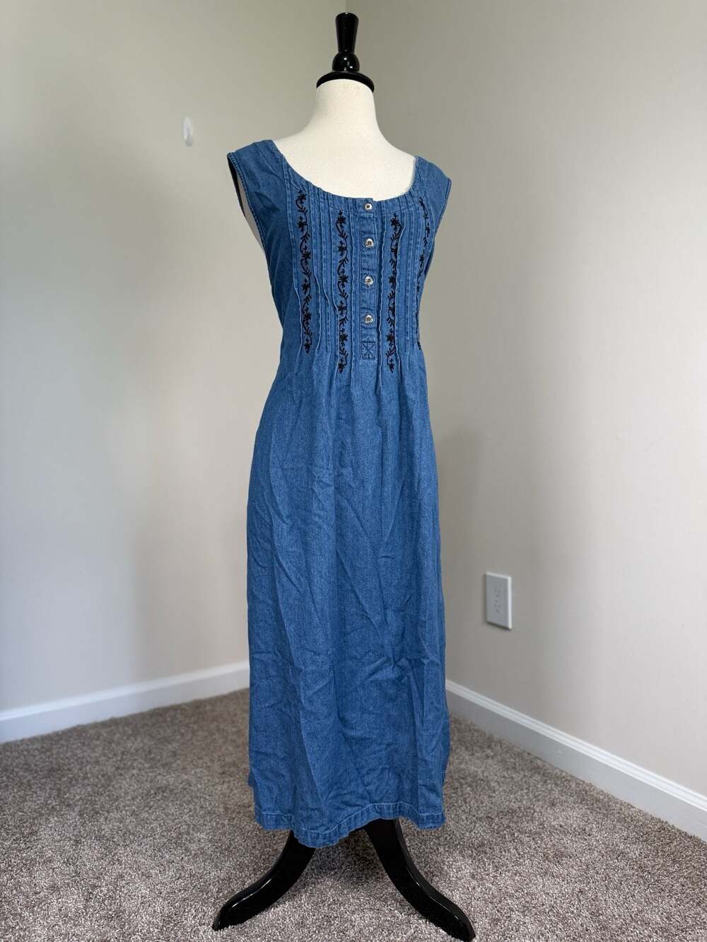 Blair Vintage 90s Denim Sleeveless Midi Dress Embroidered Pintuck Cottagecore